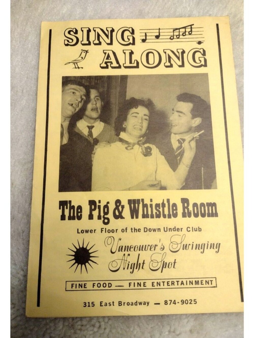 Sing Along Songs The Pig & Whistle Room Vancouver VTG Swinging Night Spot SIGNED